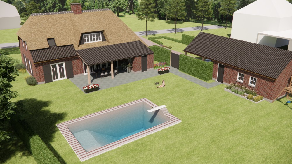 3D Render van landelijke boerderijwoning met rieten dak en metselwerkgevels 10