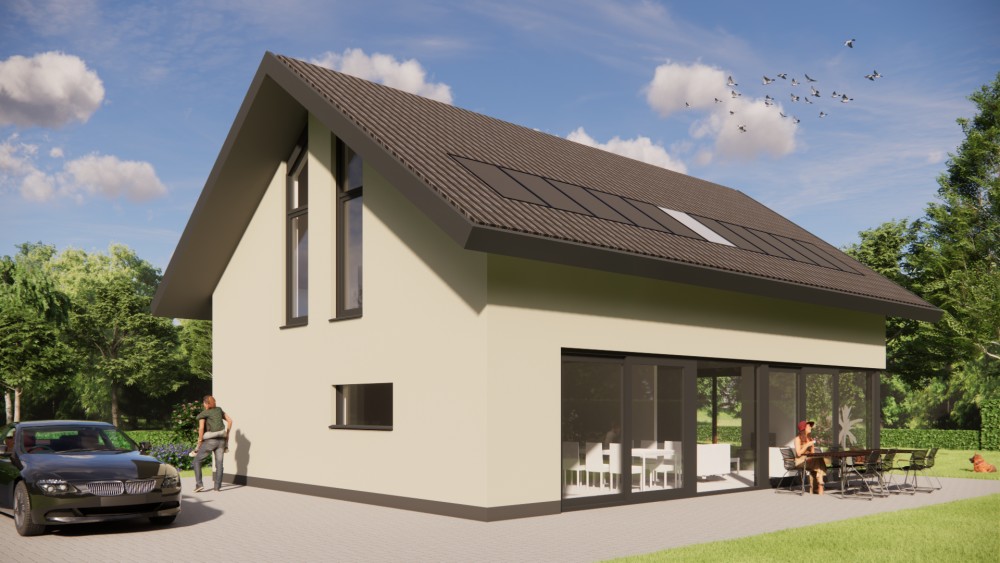 3D Render van strakke moderne woning met pleisterwerk gevels, hoekkozijnen en houten accenten 4
