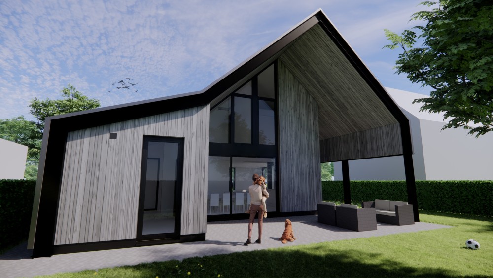 3D Render van donker metalen zadeldak met houten gevels en overdekt terras 4