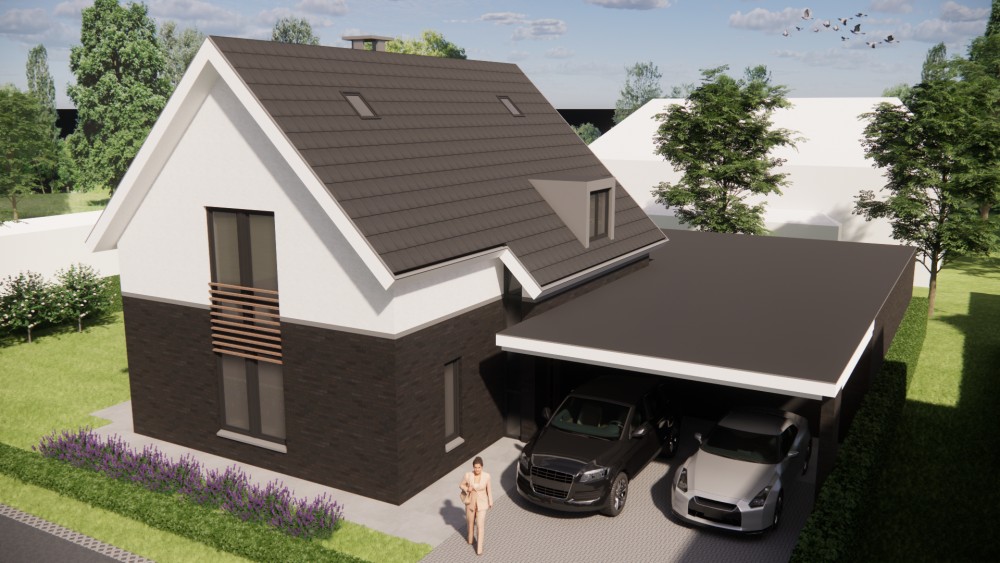 3D Render van vrijstaande eigentijdse woning met metselwerkgevel en zadeldak met vlakke dakpannen 6