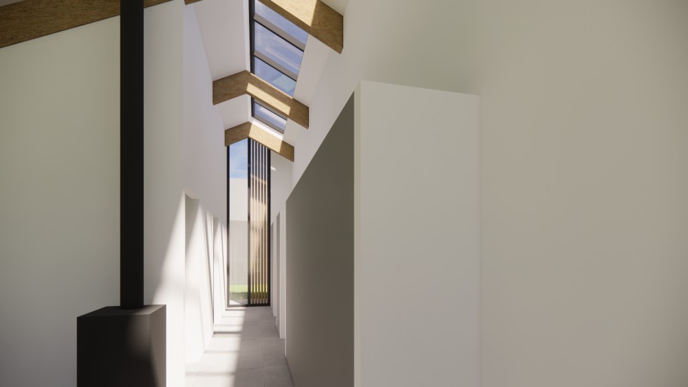 Interieur van schuurwoning met houten gevel en donker felsplaten zadeldak 3