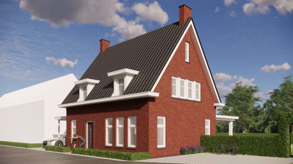3D Render van jaren 30 notariswoning met zadeldak, metselwerk en houten kozijnen 4