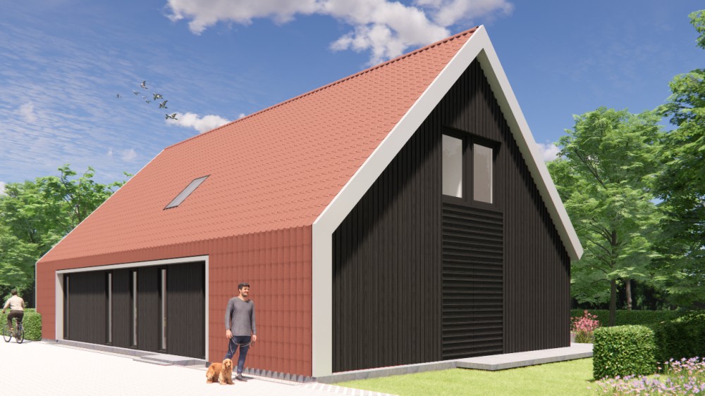 Afbeelding van Schuurwoning met houten gevels, zadeldak en rode gegolfde dakpannen - 1318fc1a-484e-42db-b18b-2dcb67ae1ffa