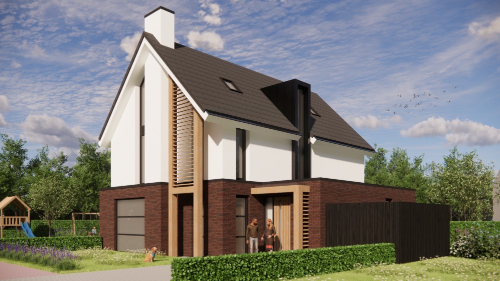 Afbeelding van Witgepleisterde moderne woning met risaliet, houten accenten en vlakke dakpannen - 65f24f52-01a6-4737-8a4b-ec7e112b827d