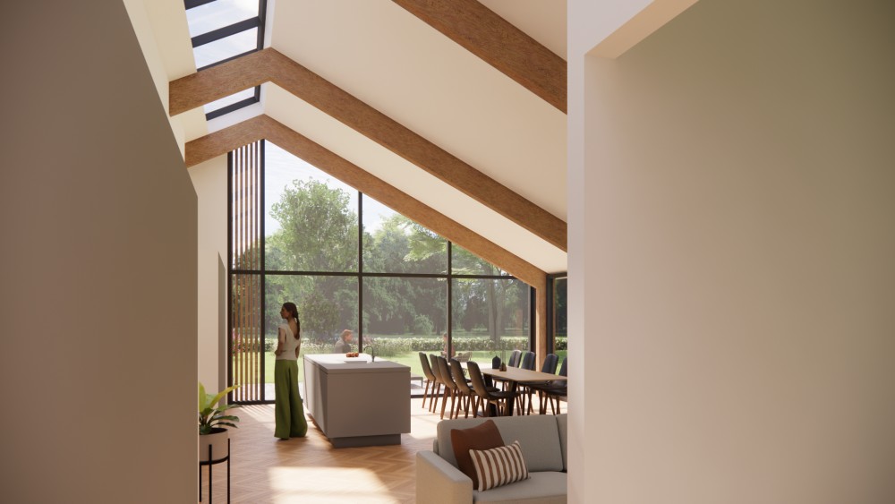 Afbeelding van Schuurwoning met houten gevel en donker felsplaten zadeldak - 581e5484-71c2-406f-92f6-f5e5f79a14bd