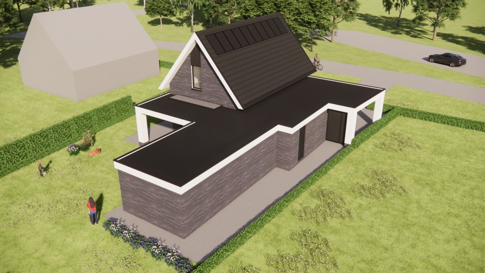 3D Render van moderne woning met metselwerk gevel, hoekkozijn en overkapt terras 8