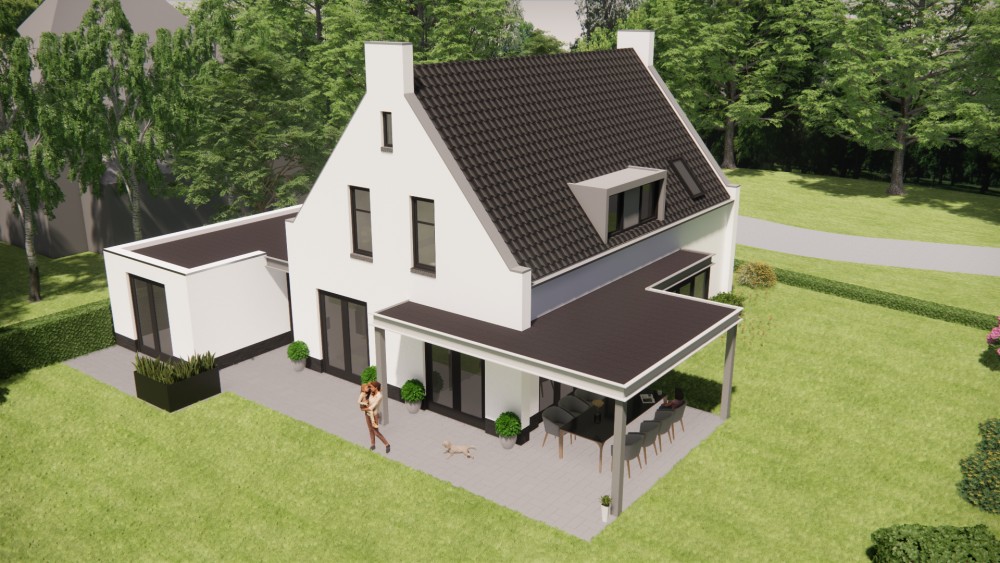 3D Render van vrijstaande moderne woning met pleisterwerk en zadeldak met gegolfde dakpannen 7