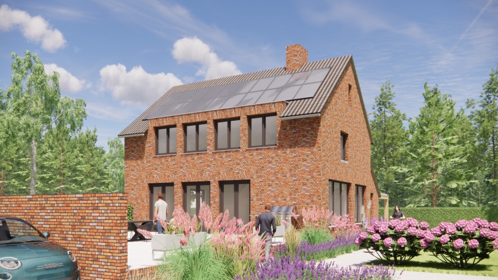 3D Render van woning met zadeldak in gegolfde dakpannen en roodbruin metselwerk met dakkapel 8