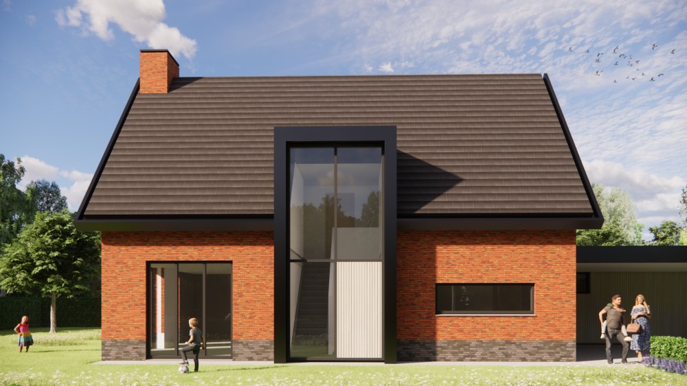 3D Render van landelijke woning met metselwerk gevels, houten accenten en overdekt terras 6