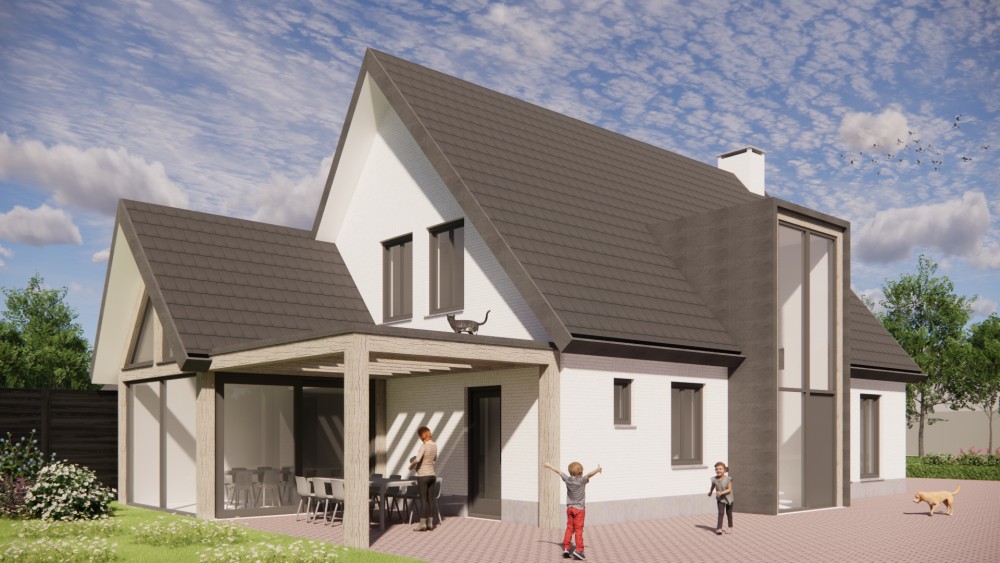 Afbeelding van Witte 2 onder 1 kap villa met zadeldak, vlakke dakpannen en gekeimd metselwerk - cc903d09-3675-41fe-9ee7-a9746028b62a