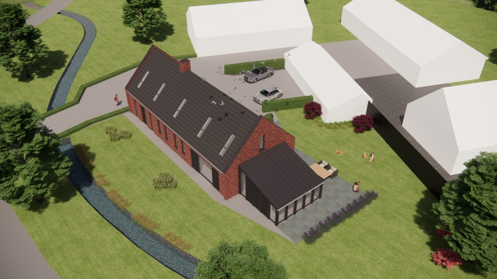 3D Render van vrijstaande moderne woning in rood metselwerk met zadeldak in vlakke dakpannen en houtaccenten 10