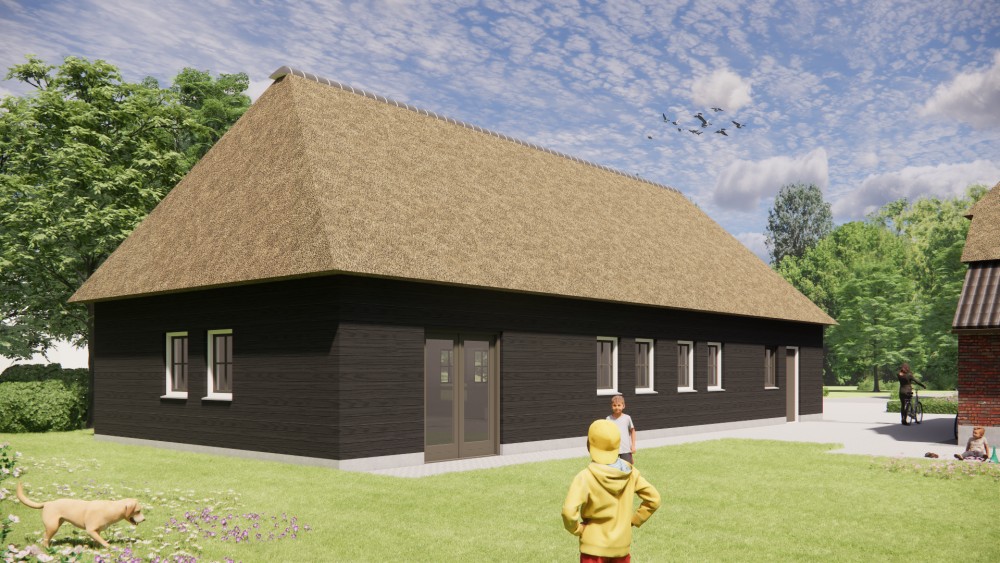 3D Render van traditionele boerderijwoning met rieten wolfsdak en gevel van hout en metselwerk 8