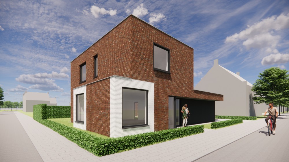 3D Render van kubistische woning in rood metselwerk met witte accenten 2