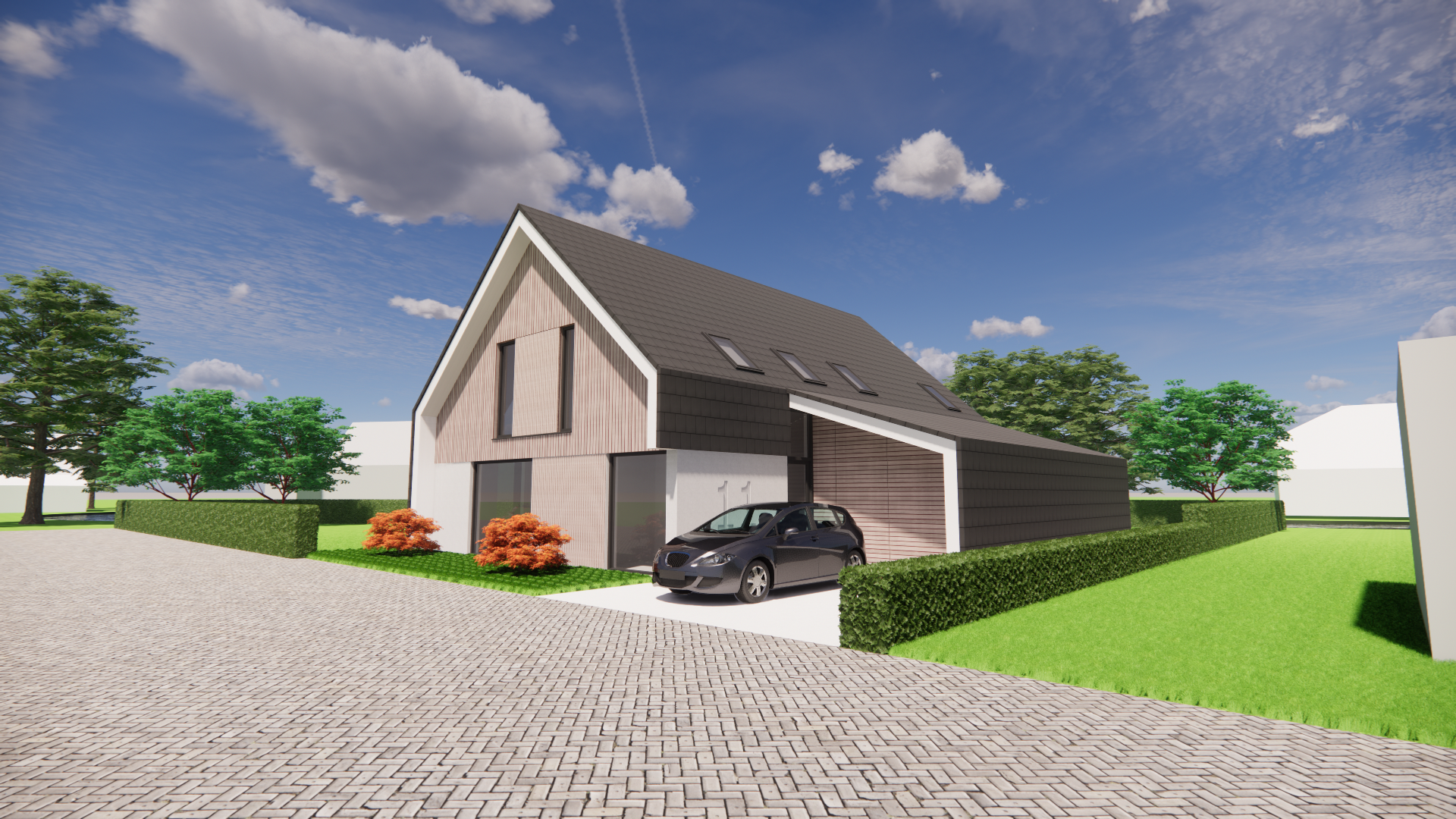 3D render van Moderne schuurwoning met zadeldak en houten gevel