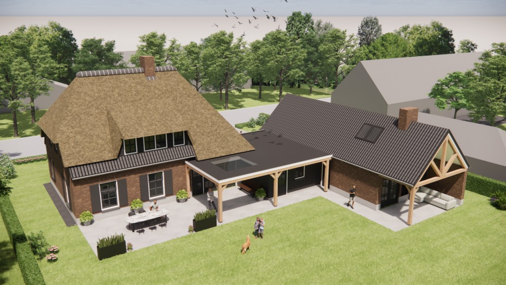 3D Render van vrijstaand landelijk huis met metselwerk gevels en wolfsdak in riet en gegolfde pannen 7