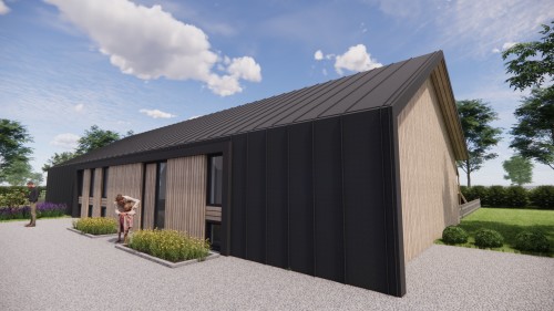 Afbeelding van Moderne schuurwoning met houten gevel felsplaat zadeldak en overstekken - 2202c3a7-8c8a-4379-a1af-02087b9912e4