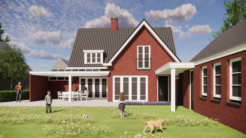 3D Render van traditionele notariswoning met metselwerkgevel, dakkapel en risaliet 4