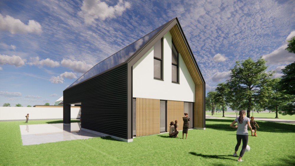 Afbeelding van Moderne schuurwoning met pleisterwerk en een in de gevel doorlopend golfplaten dak - 2f6ac81f-05ee-454c-bf32-be24fa298366