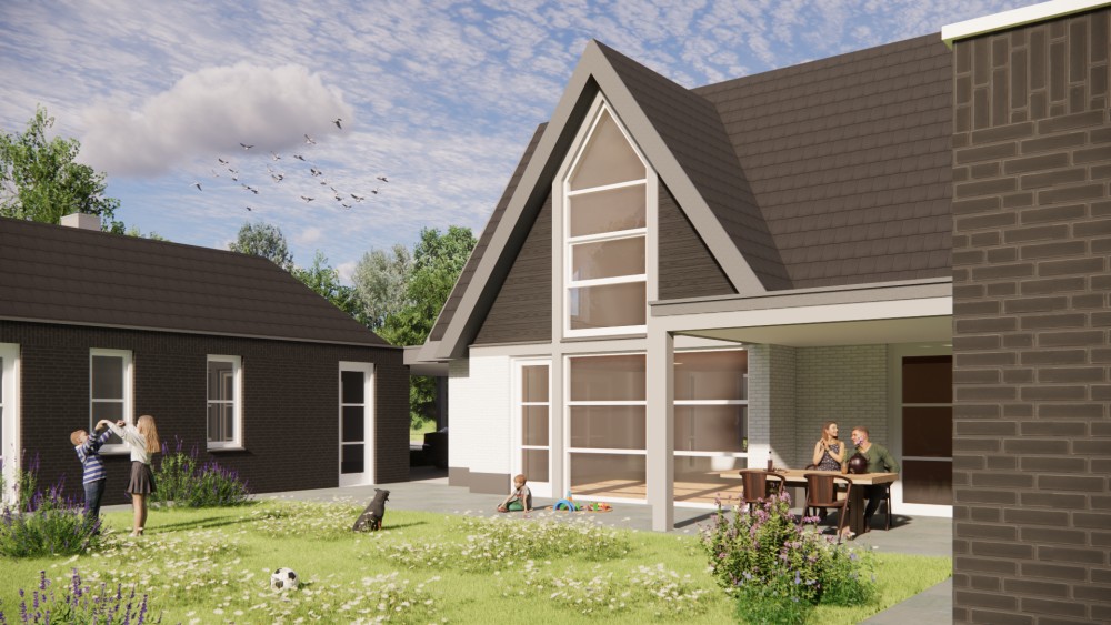 Afbeelding van Vrijstaande moderne woning met wit en zwart metselwerk en zadeldak met vlakke dakpannen - 40c39286-de74-4628-a76a-67b0f376ebe7