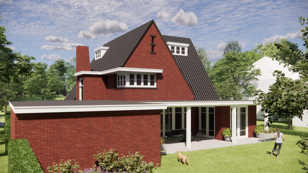 3D Render van vrijstaande jaren 30 woning in metselwerk met zadeldak en gegolfde dakpannen 8
