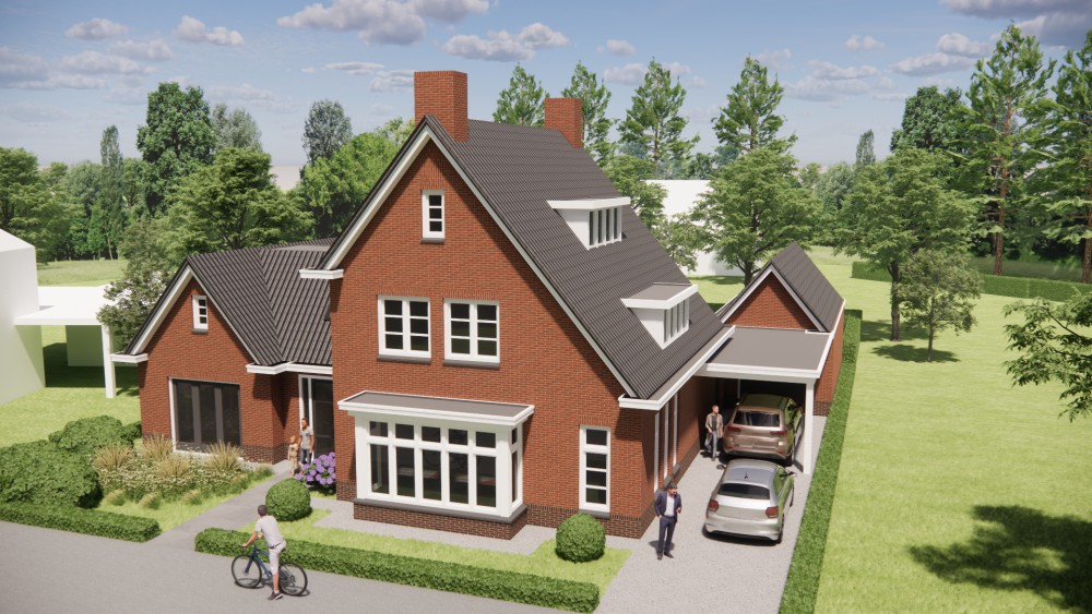 3D Render van vrijstaande jaren 30 woning met metselwerk gevels en zadeldak met gegolfde dakpannen 9