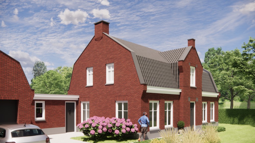 3D Render van vrijstaand woonhuis in jaren 30 stijl met metselwerkgevel en mansardedak met gegolfde dakpannen 5