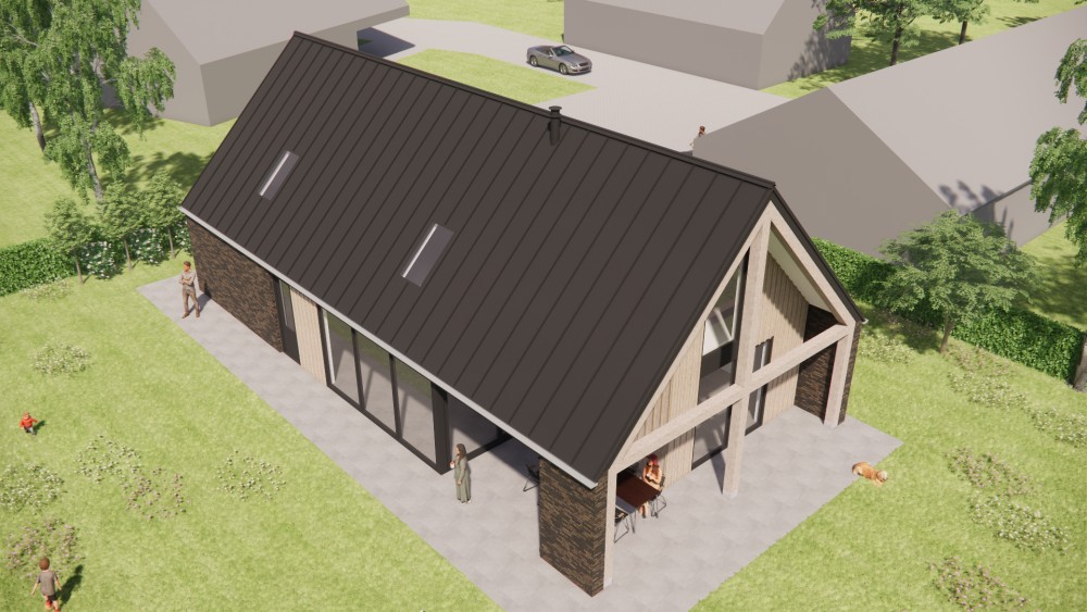 3D Render van schuurwoning met houten gevels, metalen zadeldak en overdekt terras 8