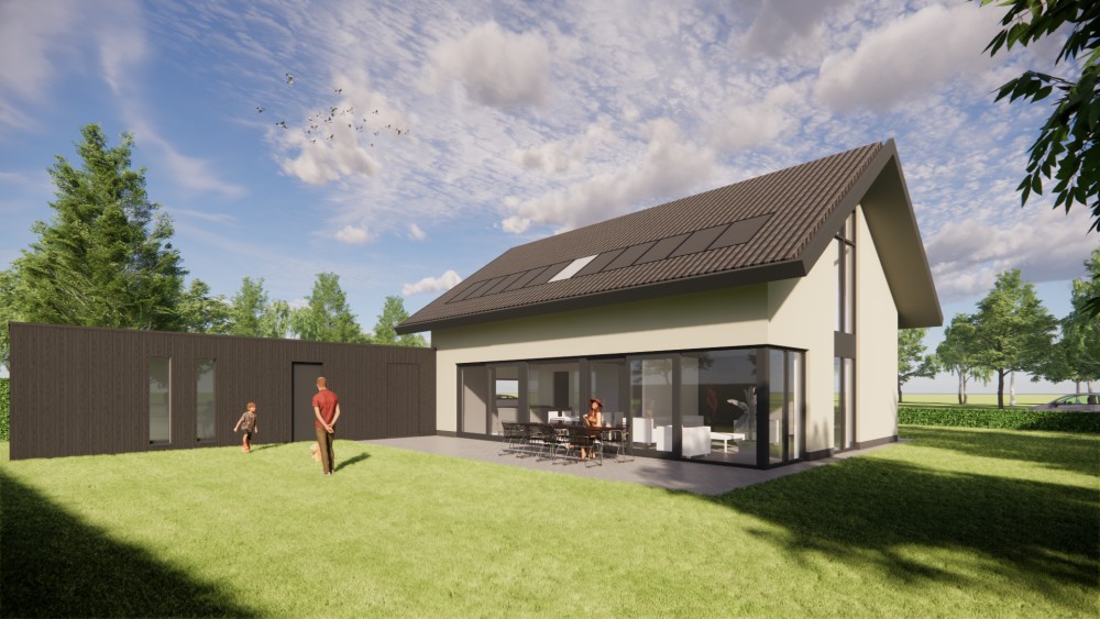 Afbeelding van Strakke moderne woning met pleisterwerk gevels, hoekkozijnen en houten accenten - 4f9c3219-8f41-4291-ae9b-65afd4754b7f