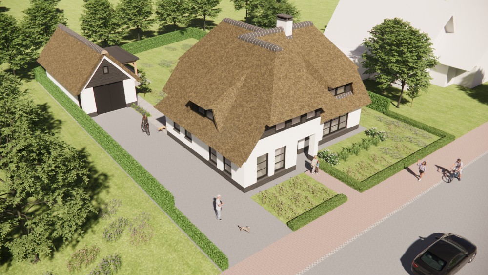 3D Render van landelijke villa met rieten wolfsdak en witgepleisterde gevels 8