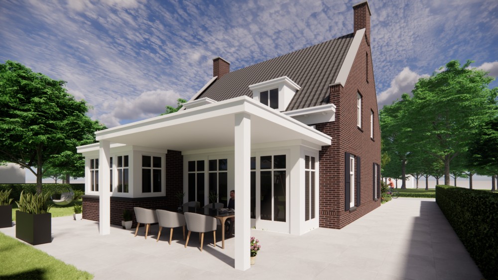 3D Render van vrijstaande jaren 30 nieuwbouw met metselwerkgevel, zadeldak en dakkapel 4