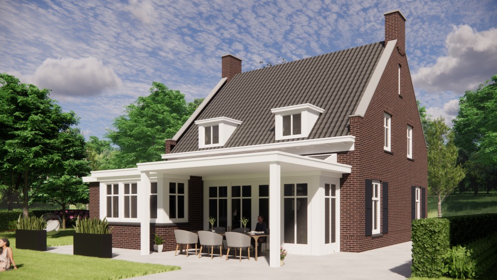 3D Render van vrijstaande jaren 30 nieuwbouw met metselwerkgevel, zadeldak en dakkapel 4
