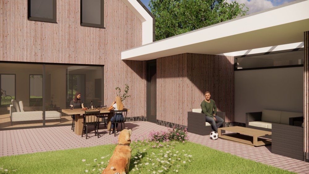 Afbeelding van Eigentijdse schuurwoning met zadeldak bruine houten gevel en vlakke dakpannen - 3af70f0b-78f3-4b19-91d0-a757810179c1