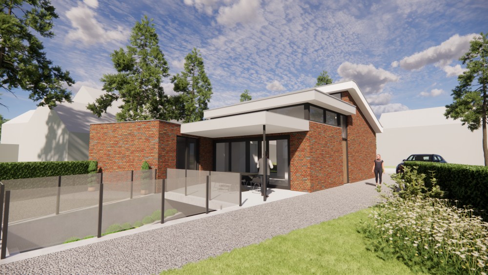 3D Render van moderne vrijstaande woning in metselwerk met lessenaarsdak met vlakke dakpannen en verholen dakgoot 6