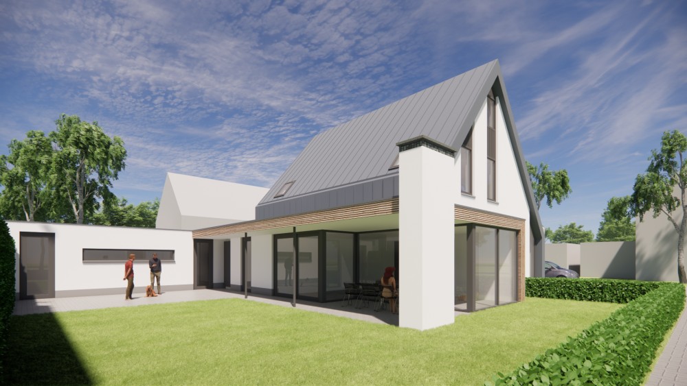 3D Render van moderne woning met metalen zadeldak en houten accenten 3