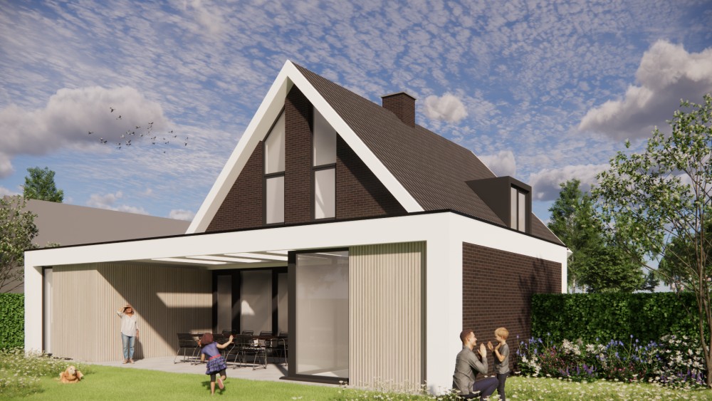 Afbeelding van Eigentijdse woning met metselwerk gevel, houten accenten en markant zadeldak - 6f32d1c2-d28d-4340-999c-111051aaf5ce