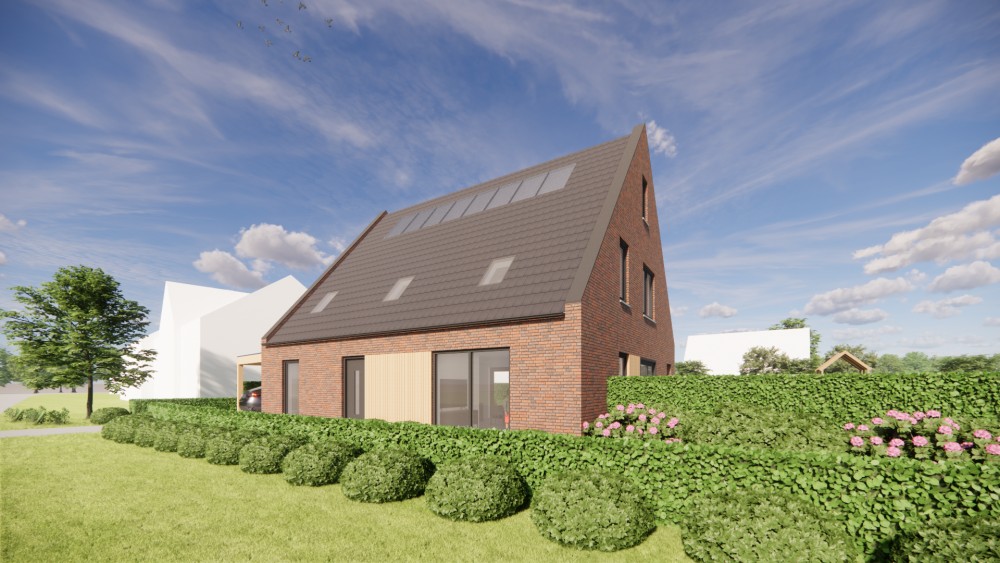 Afbeelding van Vrijstaande moderne woning in rood metselwerk met zadeldak van vlakke dakpannen en houten accenten - ef01d1f2-51d4-409f-87f9-474c5f352a34