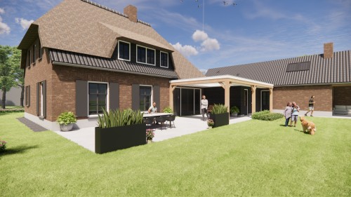 Afbeelding van Vrijstaand landelijk huis met metselwerk gevels en wolfsdak in riet en gegolfde pannen - 1500044d-a52e-4225-b348-1803a83b1f78