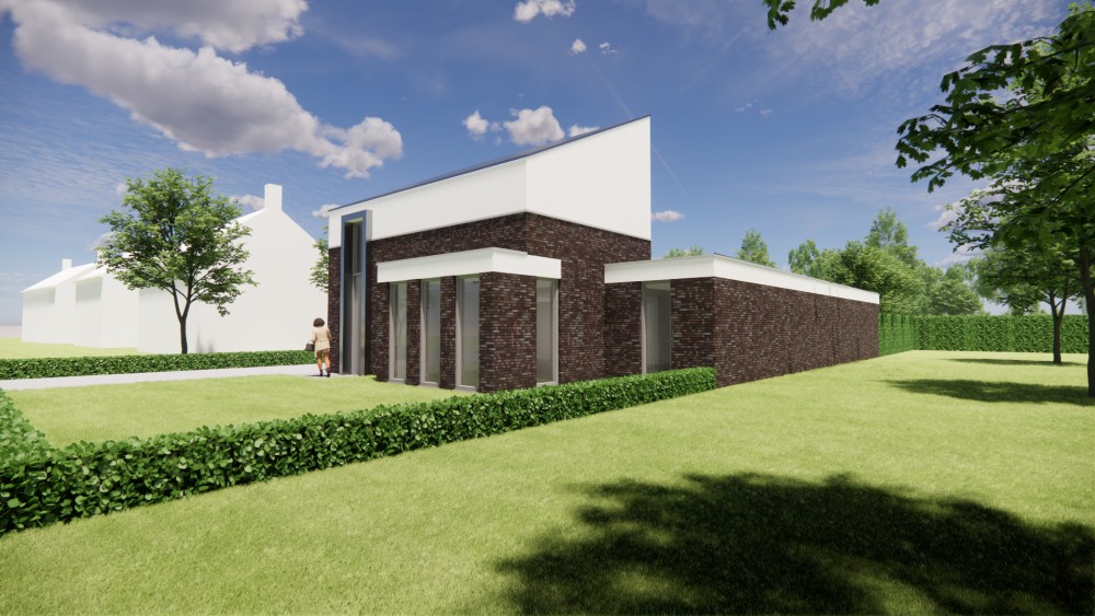 Afbeelding van Moderne woning met donkerrode baksteen, wit pleisterwerk en lessenaarsdak - 1210b361-a440-47e6-9dce-f19dd6288e2a