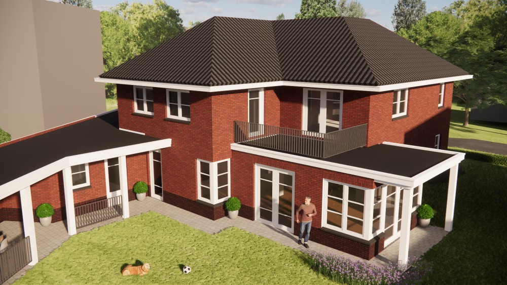 3D Render van vrijstaand jaren 30 huis met metselwerkgevels en schilddak met gegolfde dakpannen 7