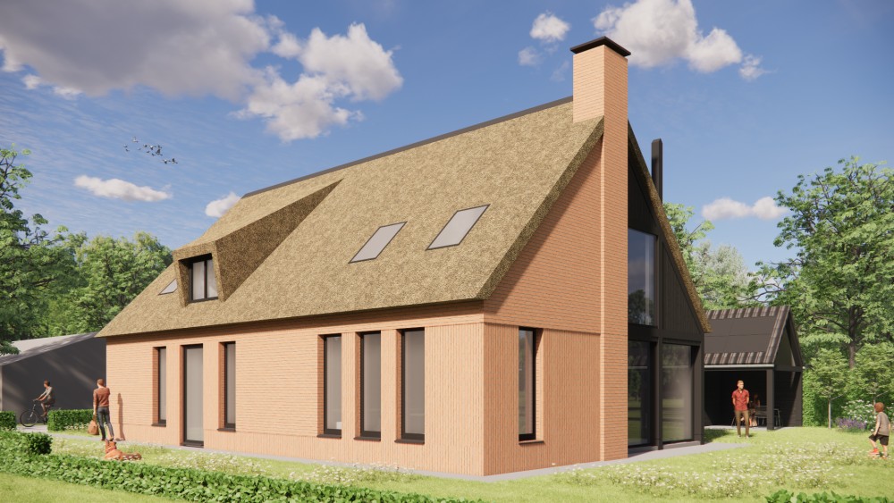 3D Render van rietgedekte schuurwoning met bakstenen gevel en houten details 4