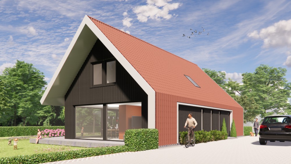 Afbeelding van Schuurwoning met houten gevels, zadeldak en rode gegolfde dakpannen - 1318fc1a-484e-42db-b18b-2dcb67ae1ffa