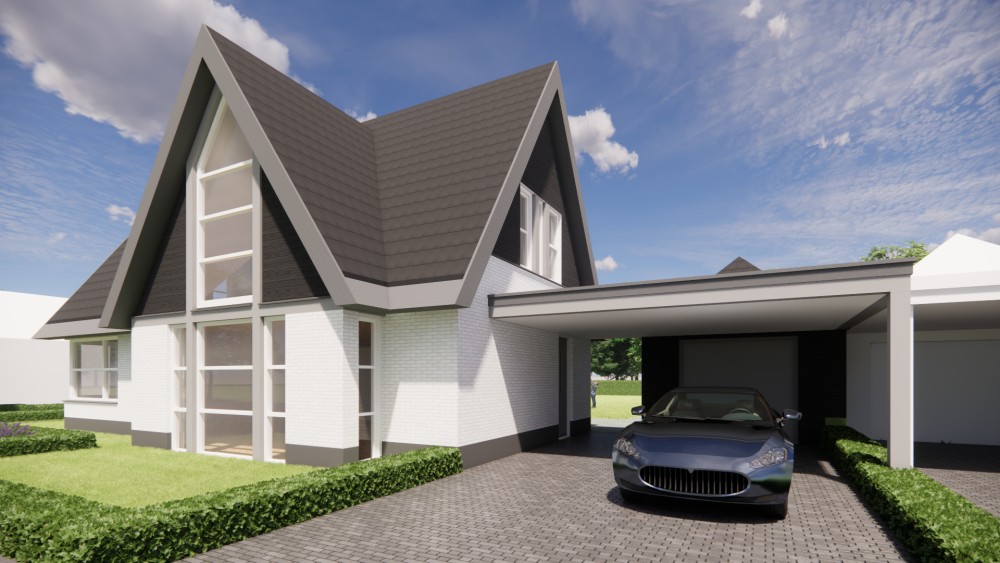 Afbeelding van Vrijstaande moderne woning met wit en zwart metselwerk en zadeldak met vlakke dakpannen - 40c39286-de74-4628-a76a-67b0f376ebe7