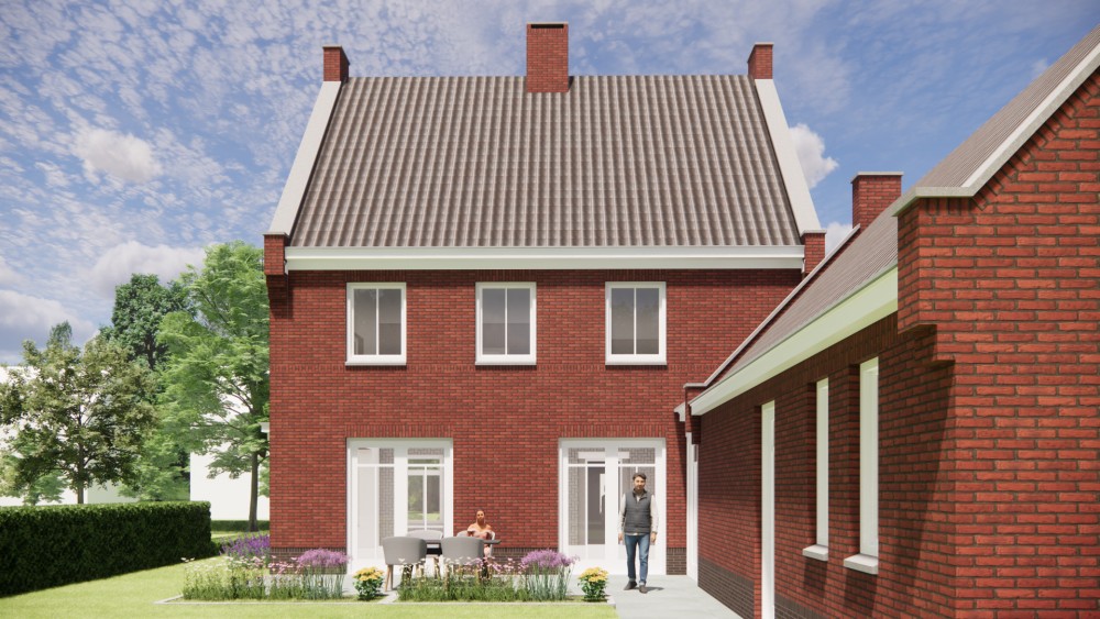 3D Render van vrijstaande jaren 30 woning met metselwerk en zadeldak met gegolfde dakpannen 4