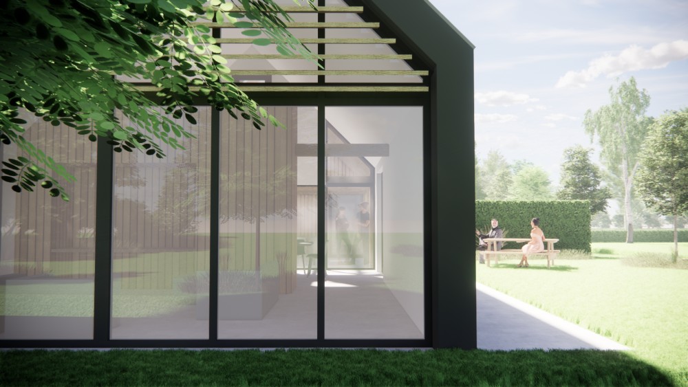 3D Render van houten schuurwoning met groendak, luiken en doorlopende kozijnen 4