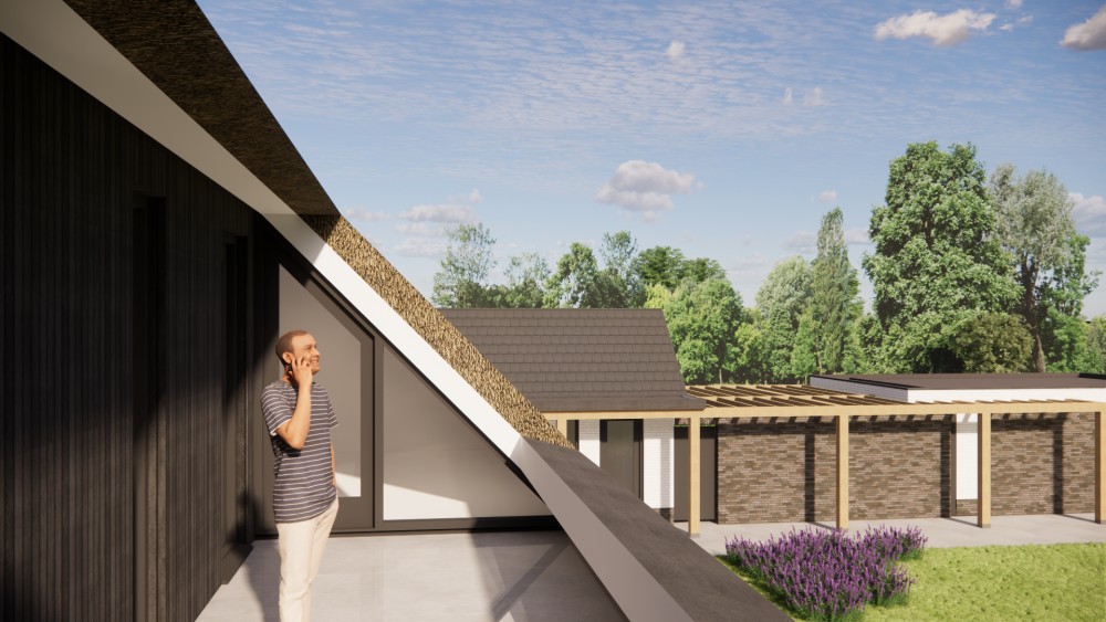 3D Render van moderne L-vormige woning met rieten zadeldak en gekeimde gevels 9