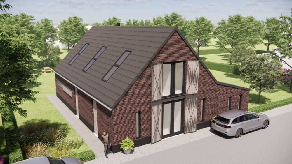 3D Render van vrijstaande schuurwoning met metselwerk gevels en zadeldak met vlakke dakpan 9