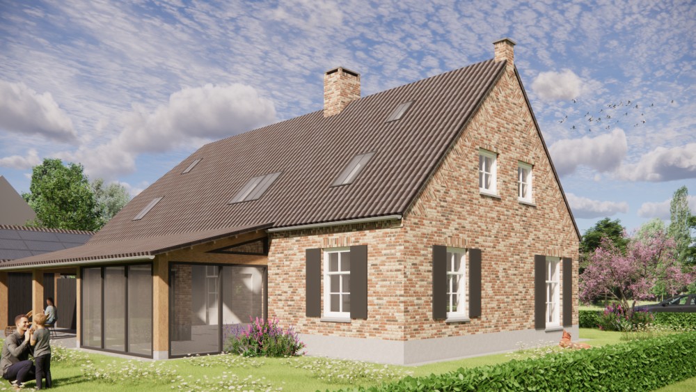 Afbeelding van Traditionele boerderijwoning met wolfsdak en houten luiken - 53502bc9-22ca-4cf1-a32b-189b03f659b4