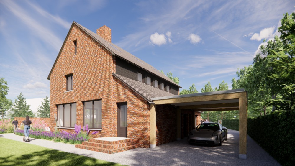 3D Render van woning met zadeldak in gegolfde dakpannen en roodbruin metselwerk met dakkapel en houten accenten 7