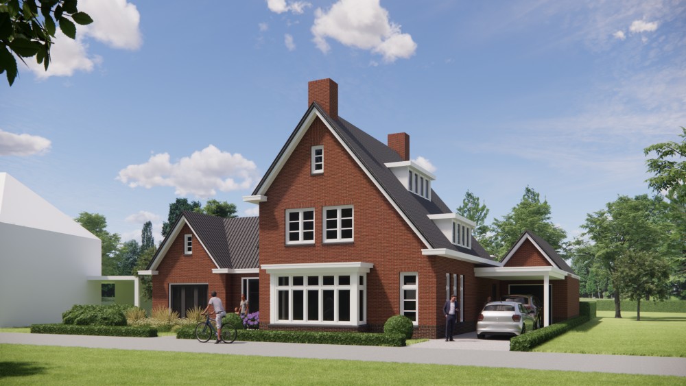 3D Render van vrijstaande jaren 30 woning met metselwerk gevels en zadeldak met gegolfde dakpannen 8