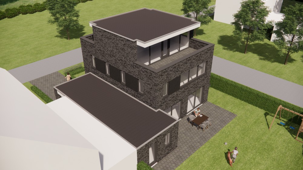 3D Render van kubistische vrijstaande woning met zwart en grijs metselwerk, plat dak en dak overstek 9